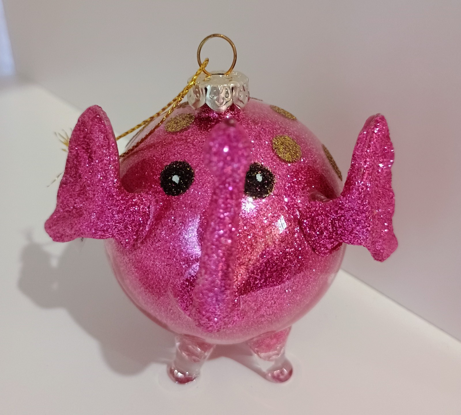 Vintage Pier 1 Pink Elephant Blown Glass Christmas Ornament Glitter, Polka Dots