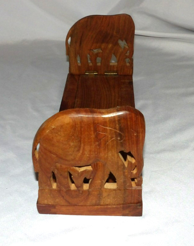 ARCHANA Crafts Handcrafted India ELEPHANT Carved Wood BOOK ENDS Vintage