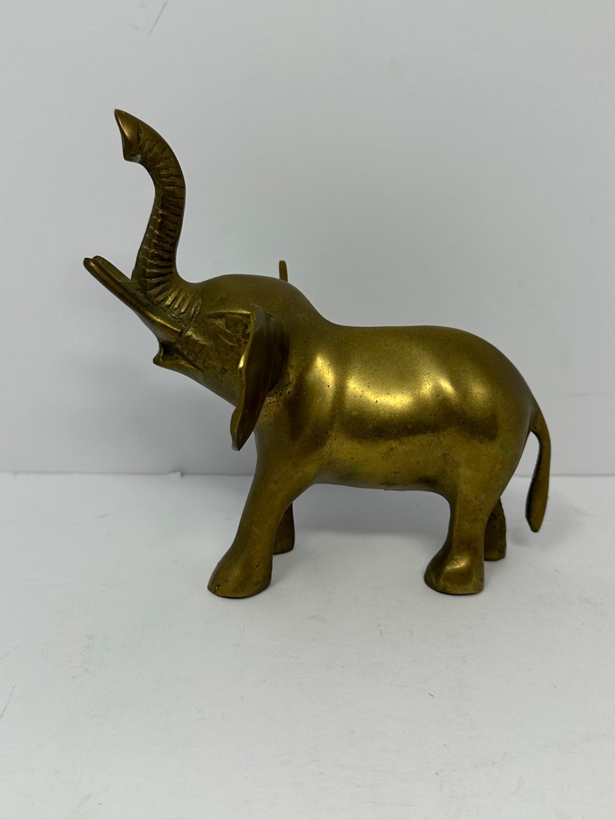 Vintage 6” Brass Elephant Trunk Up Tusks Collectible Metal Home Decor Africa W2