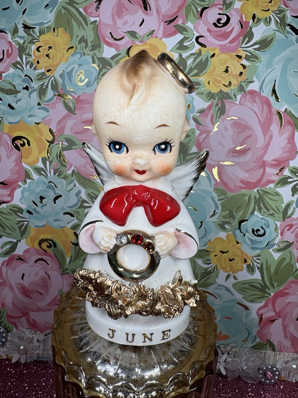Vtg Arnart June Kewpie Angel W Wedding Ring Rhinestones Figurine Japan Repaired