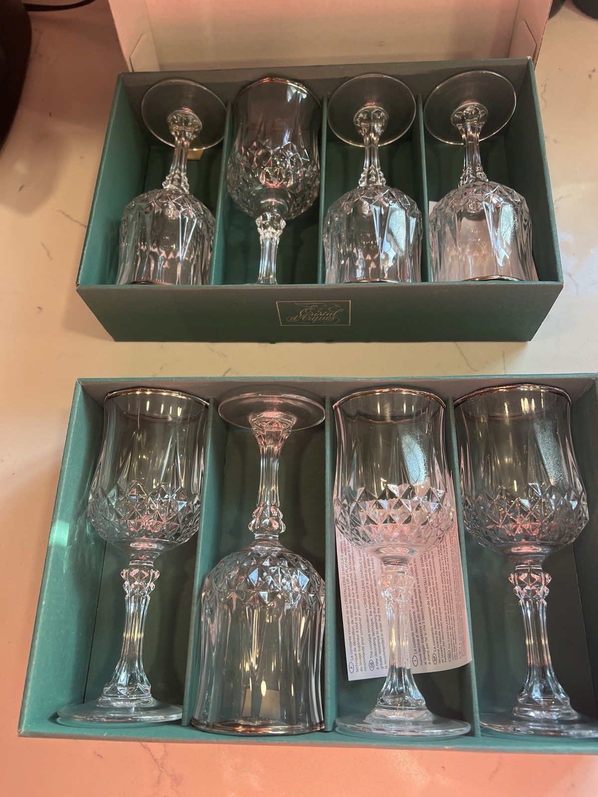 Set of 8 Cristal D’Arques Longchamp Blown Cut Crystal Wine Glasses France 6.25”