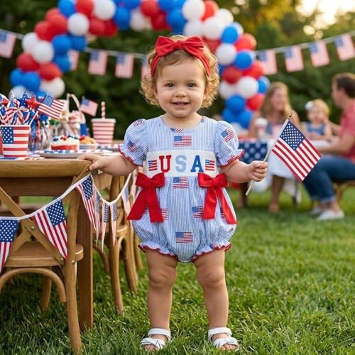 4th of July Baby Girl Outfit American Flag Romper USA Smocked 3-6 Months Blue