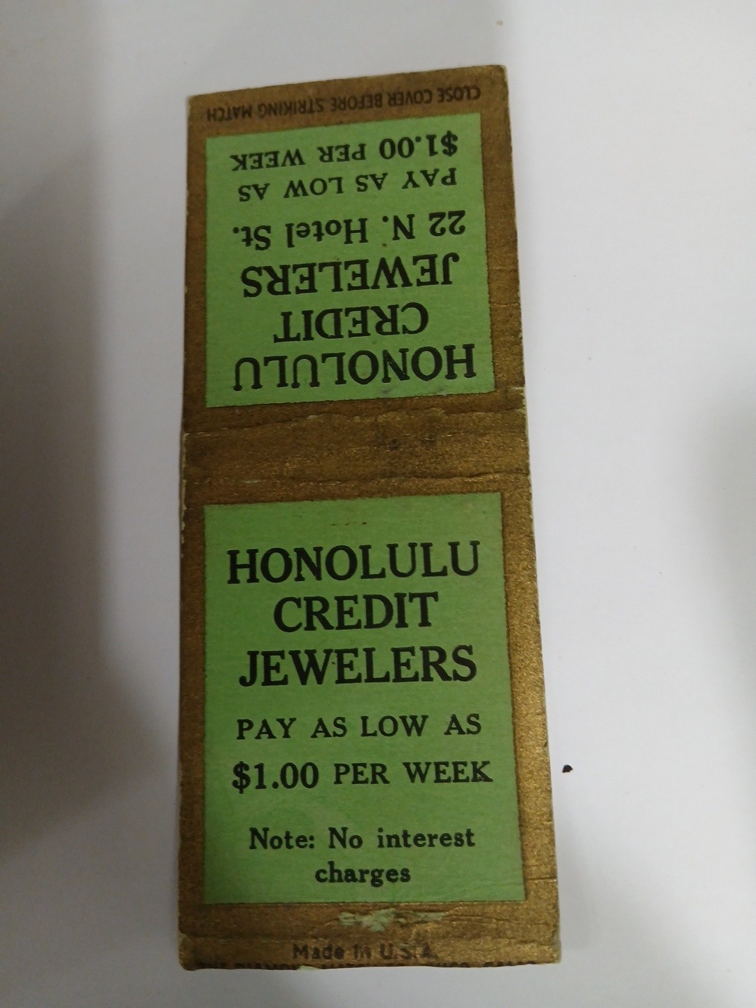 Honolulu Credit Jewelers, $1 Per Week, 22 N. Hotel Street, 20-30’s Matchbook…