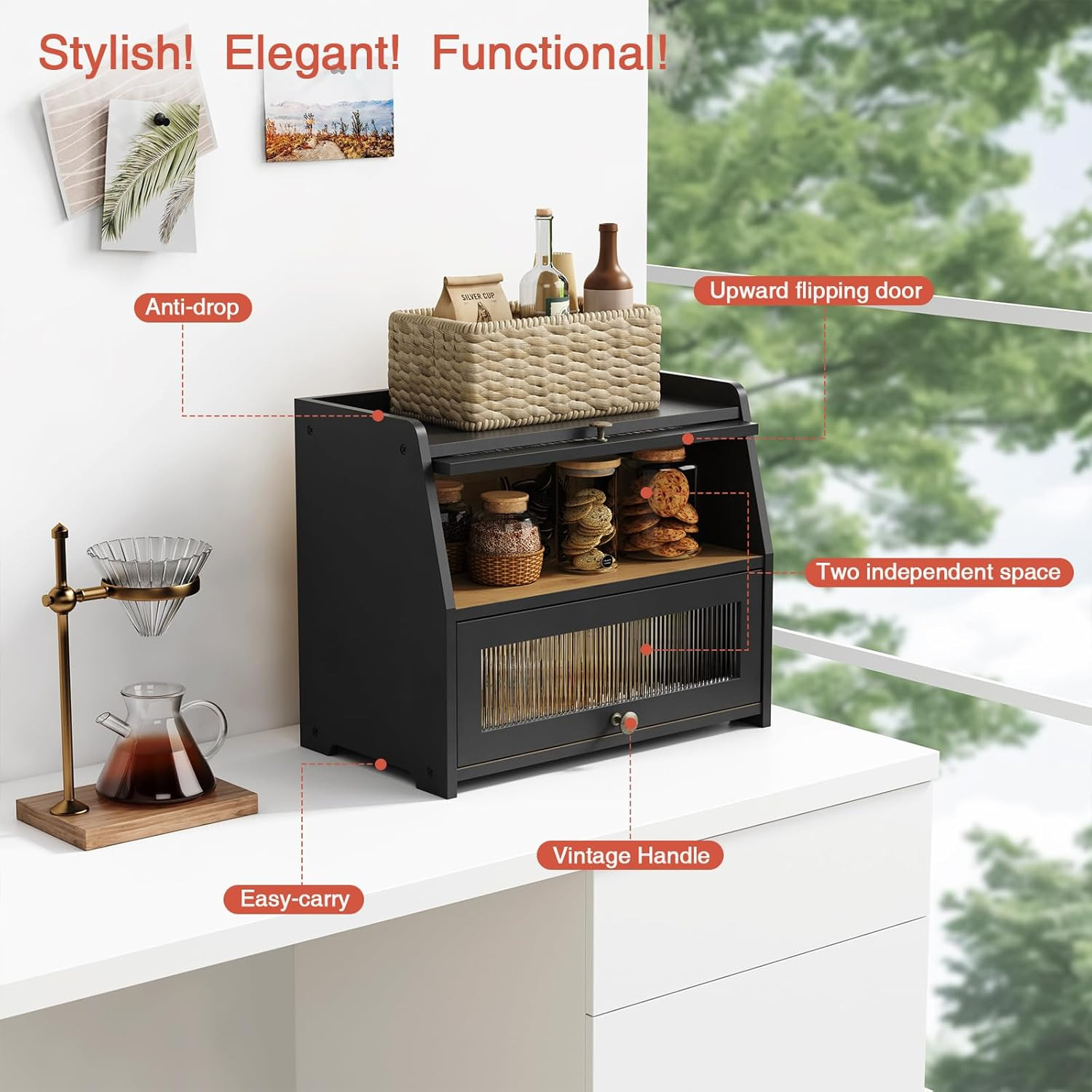 Large Bread Box for Kitchen Countertop, Black Bread Storage Container for Homema