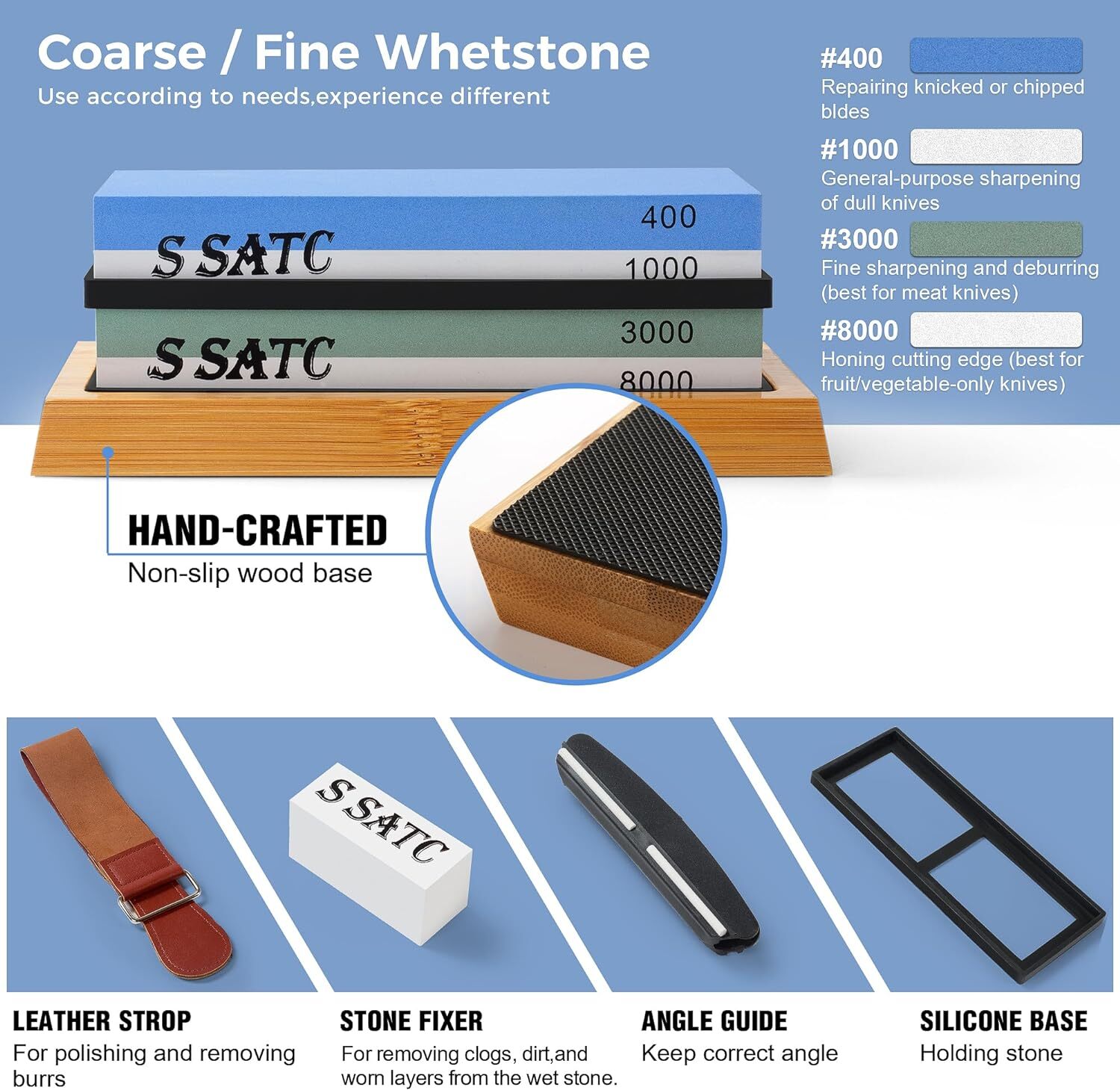 Knife Sharpening Stone Set Professional Whetstone 4 Side Grit 400/1000 3000/8000