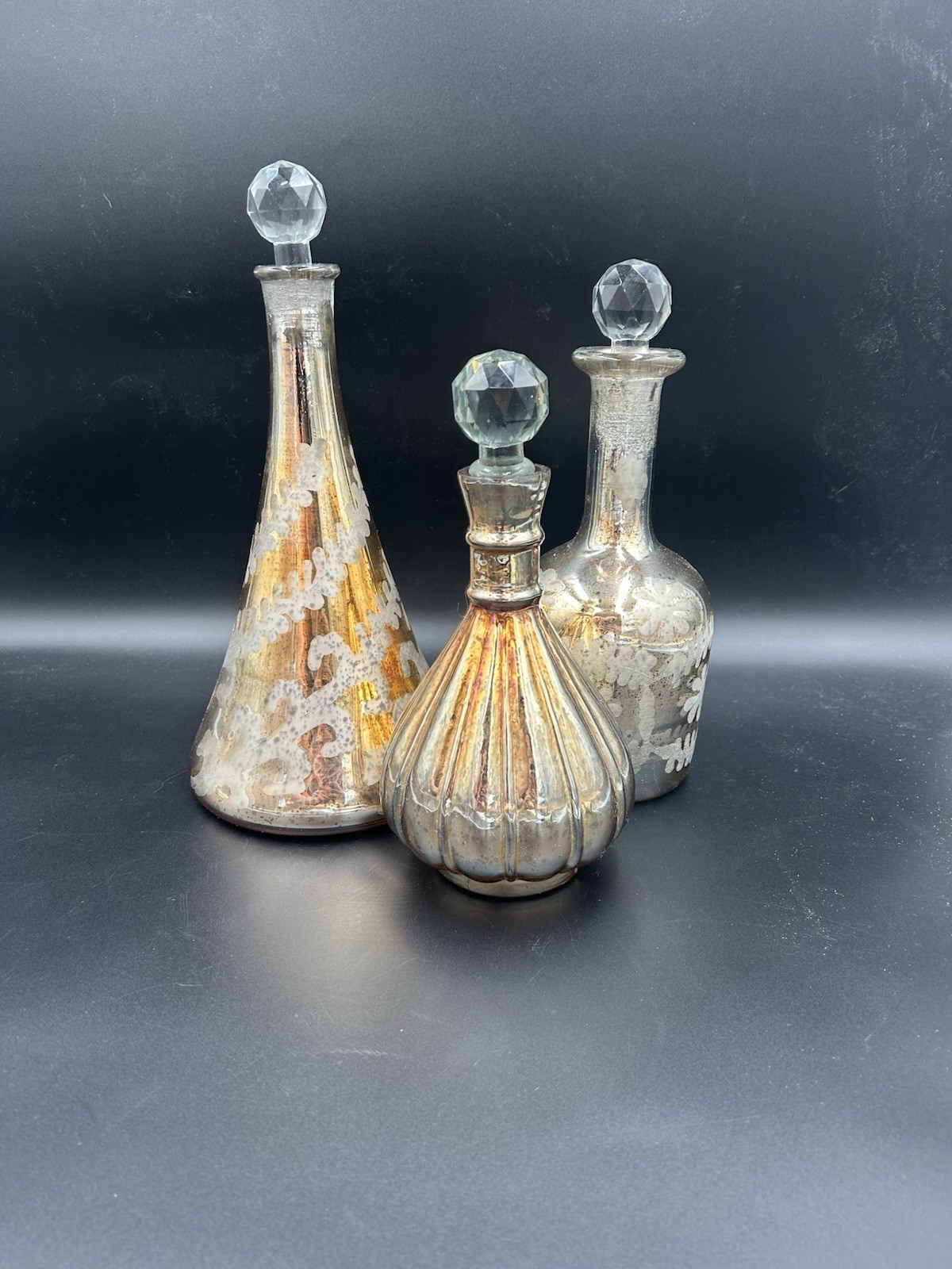 Gold Mercury Glass Decanters w/ Crystal Stoppers Vintage Style Set Of 3