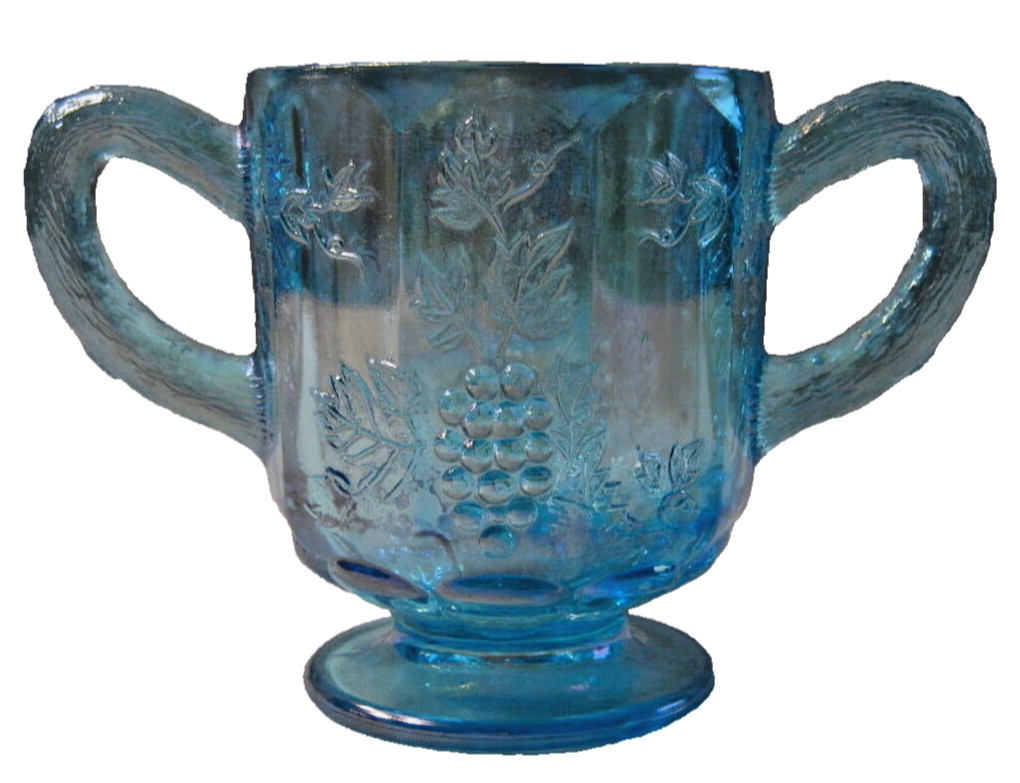 Russ Vogelsong Summit Art Glass Grapes And Vines Iridescent Blue Open Sugar Bowl