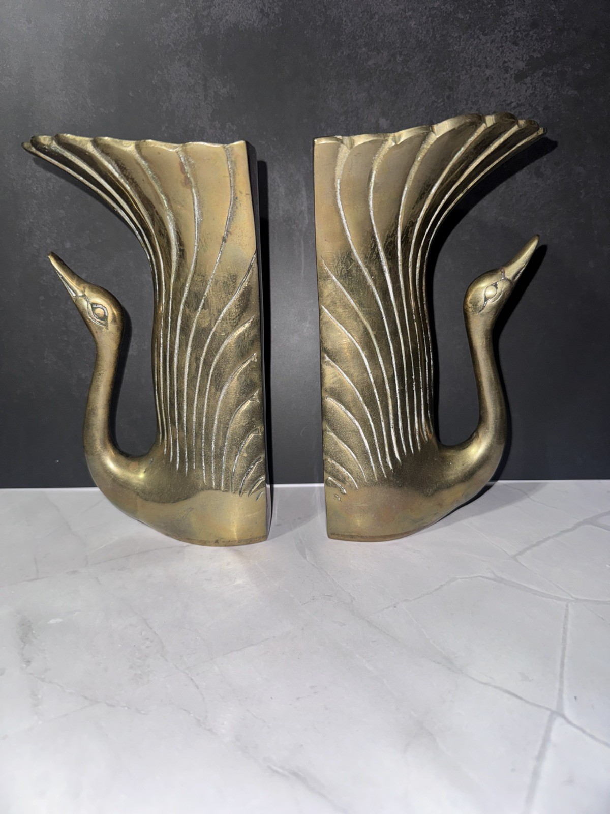 Vintage Brass Swamp Vase Bookends 7″ Tall MCM Art Deco Hollywood Regency