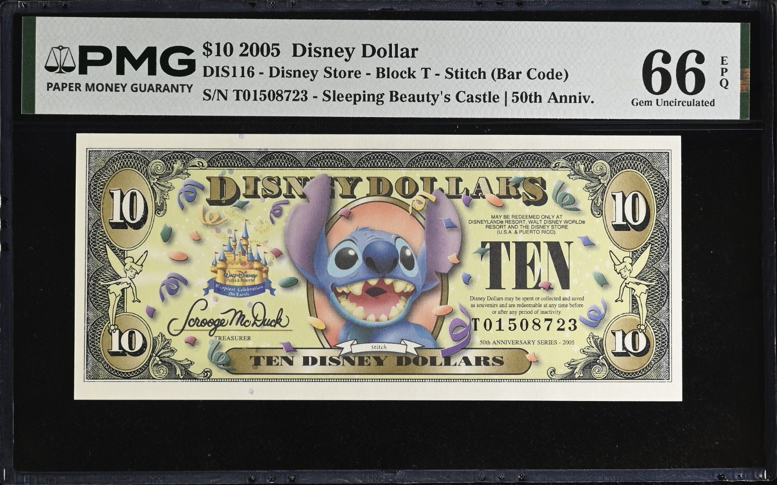 2005 T $10 Disney Dollar Stitch PMG 66EPQ Gem Uncirculated DIS116 T01508723