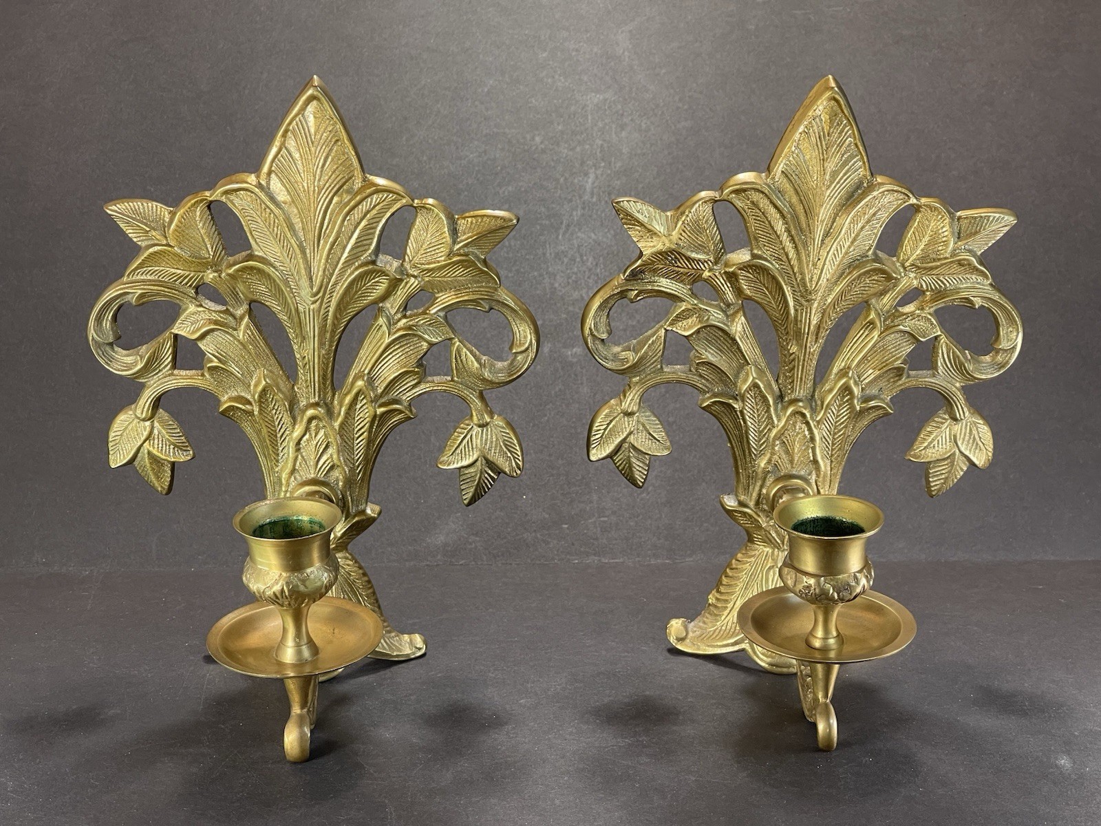 Vintage Pair Cast Brass Wall Candle Sconces Ornate Botanical Scroll 8” x 6”