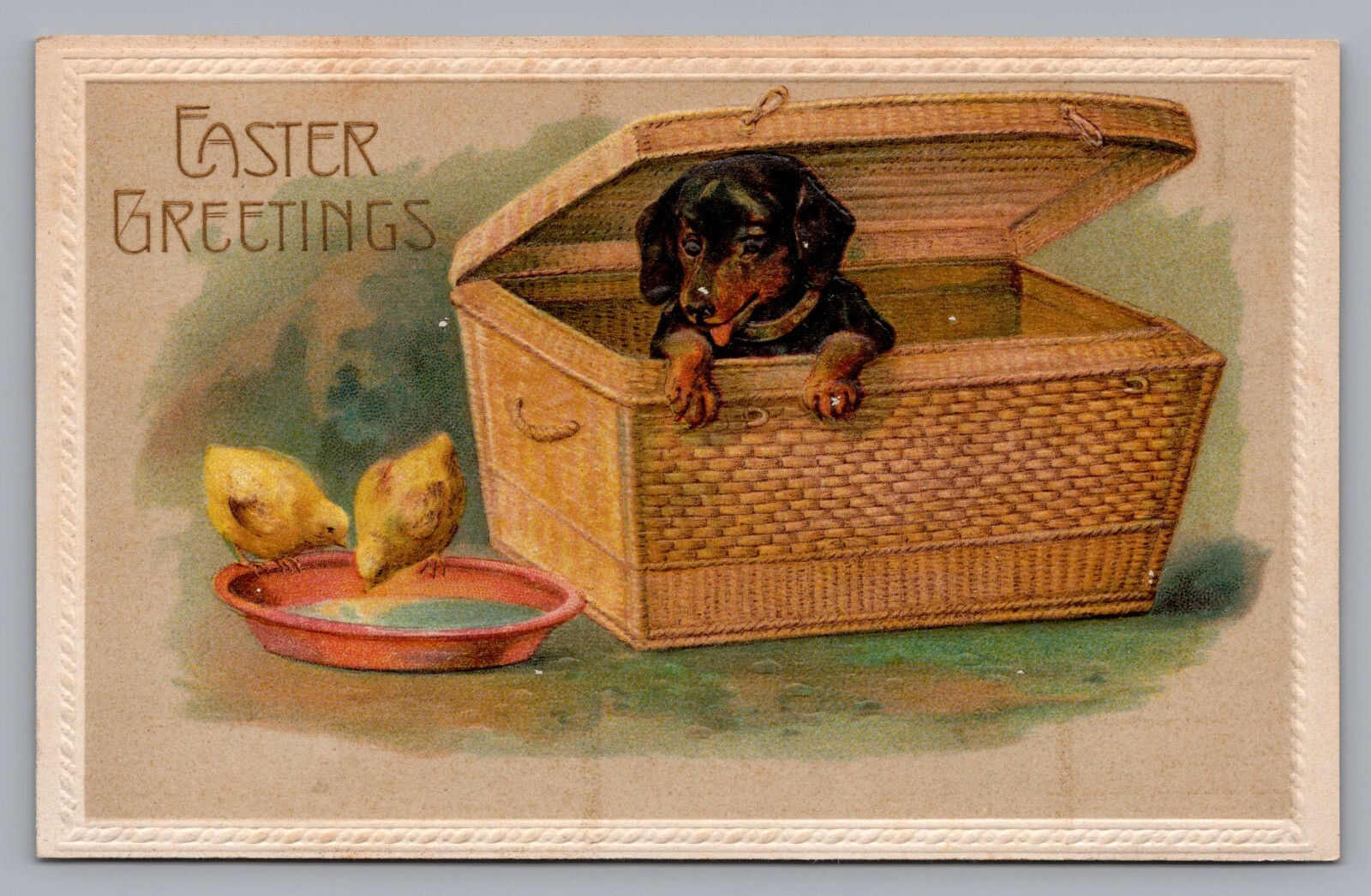 Dachshund Puppy Dog Basket Chicks Early 1900 Antique Embossed Easter Postcard