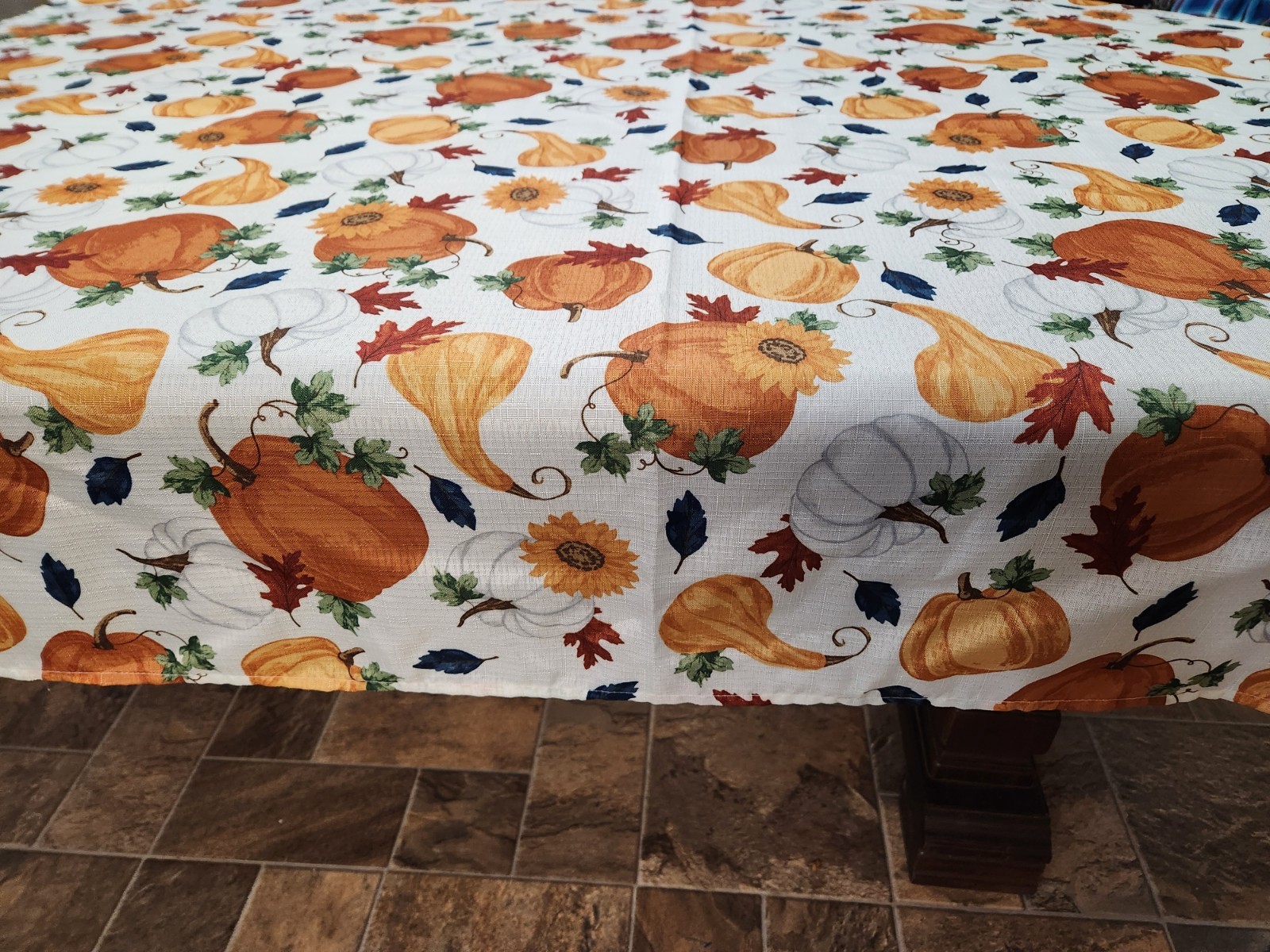 Fall Tablecloth Orange & White Pumpkins, Gourds 52″x 68″ Easy Care Polyester