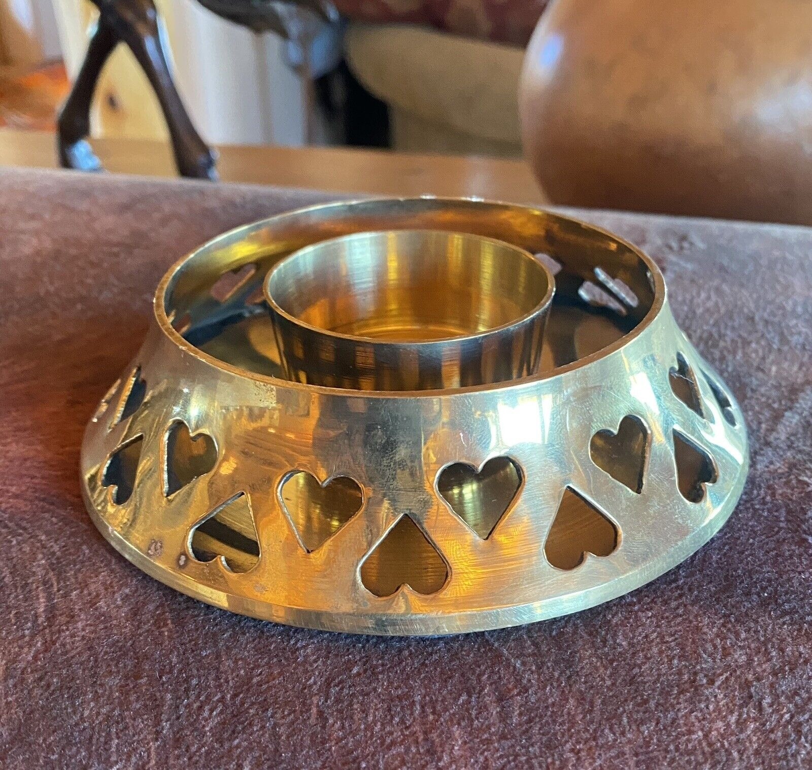 Brass Candle Holder Cut Out Hearts Felted Bottom Made In India Good Weight