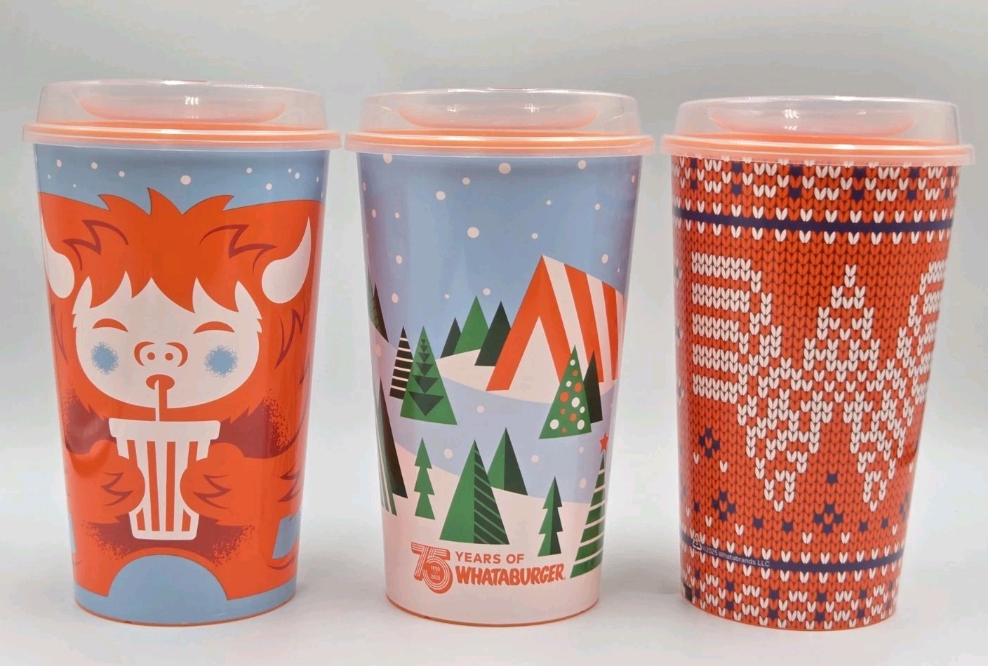 Lot Of 3 WHATABURGER 75th Anniversary Limited Edition 32 oz Collector Cups & Lid