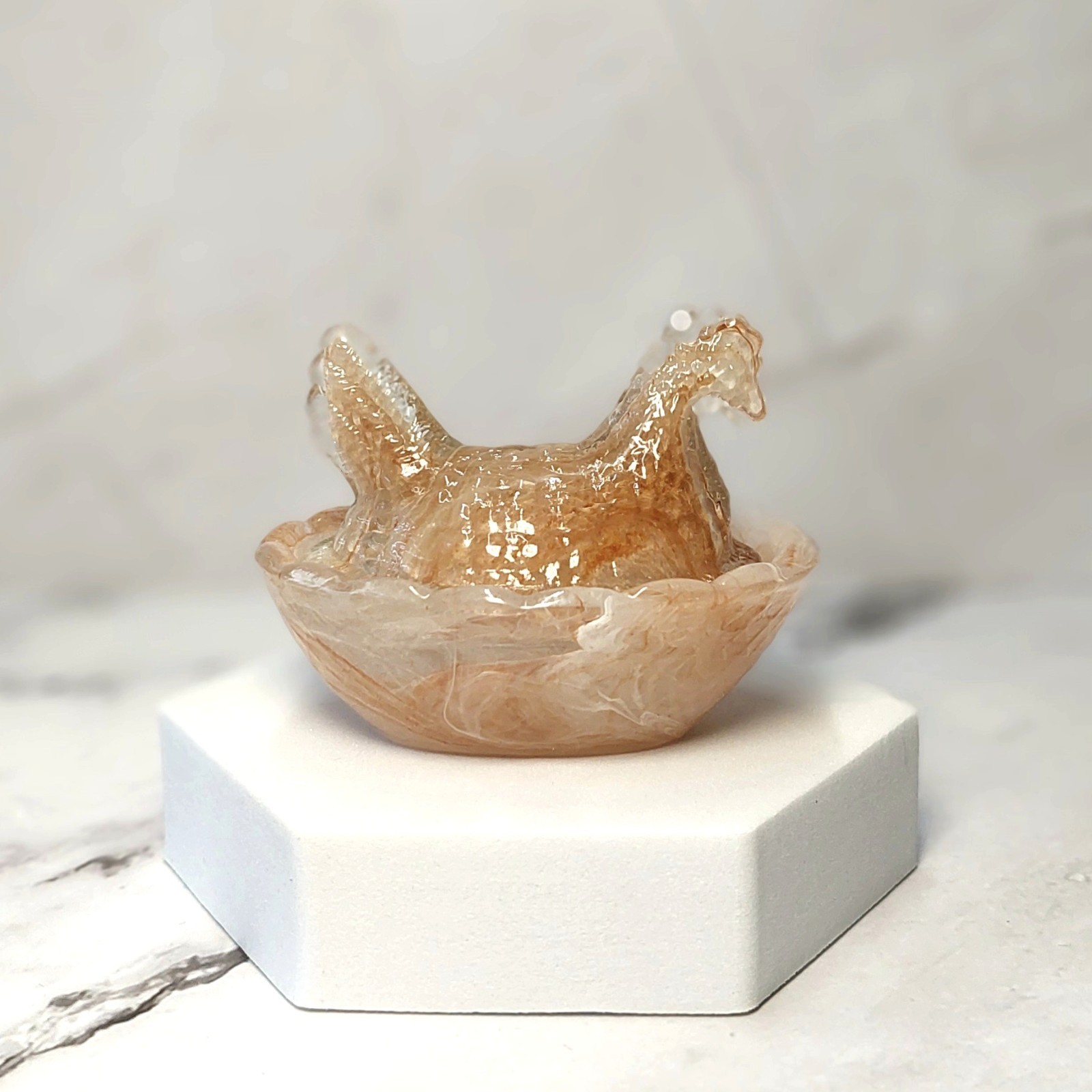 Chocolate Swirl Hen on Nest Mini Chicken Salt Dish, Depression Style Glass