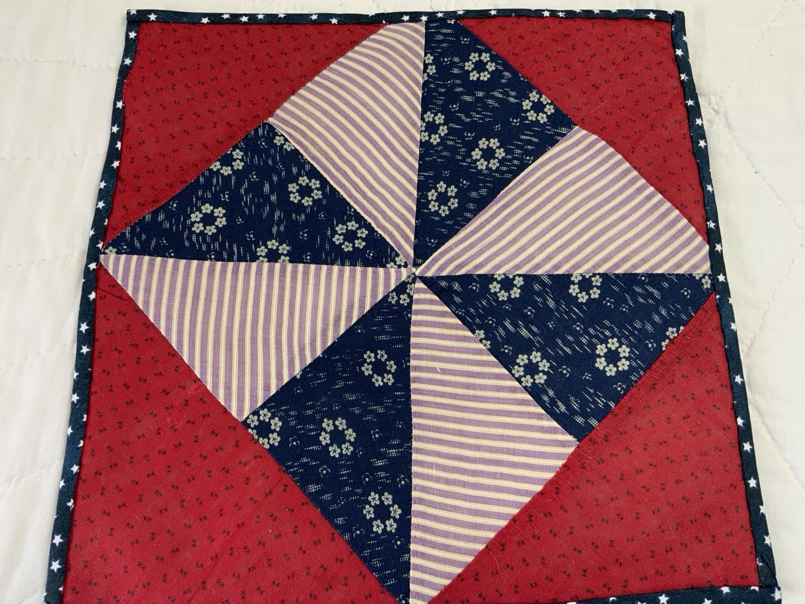 Antique Vintage Patchwork Quilt Table Topper, Pinwheel, Early Calicos, Red, Navy