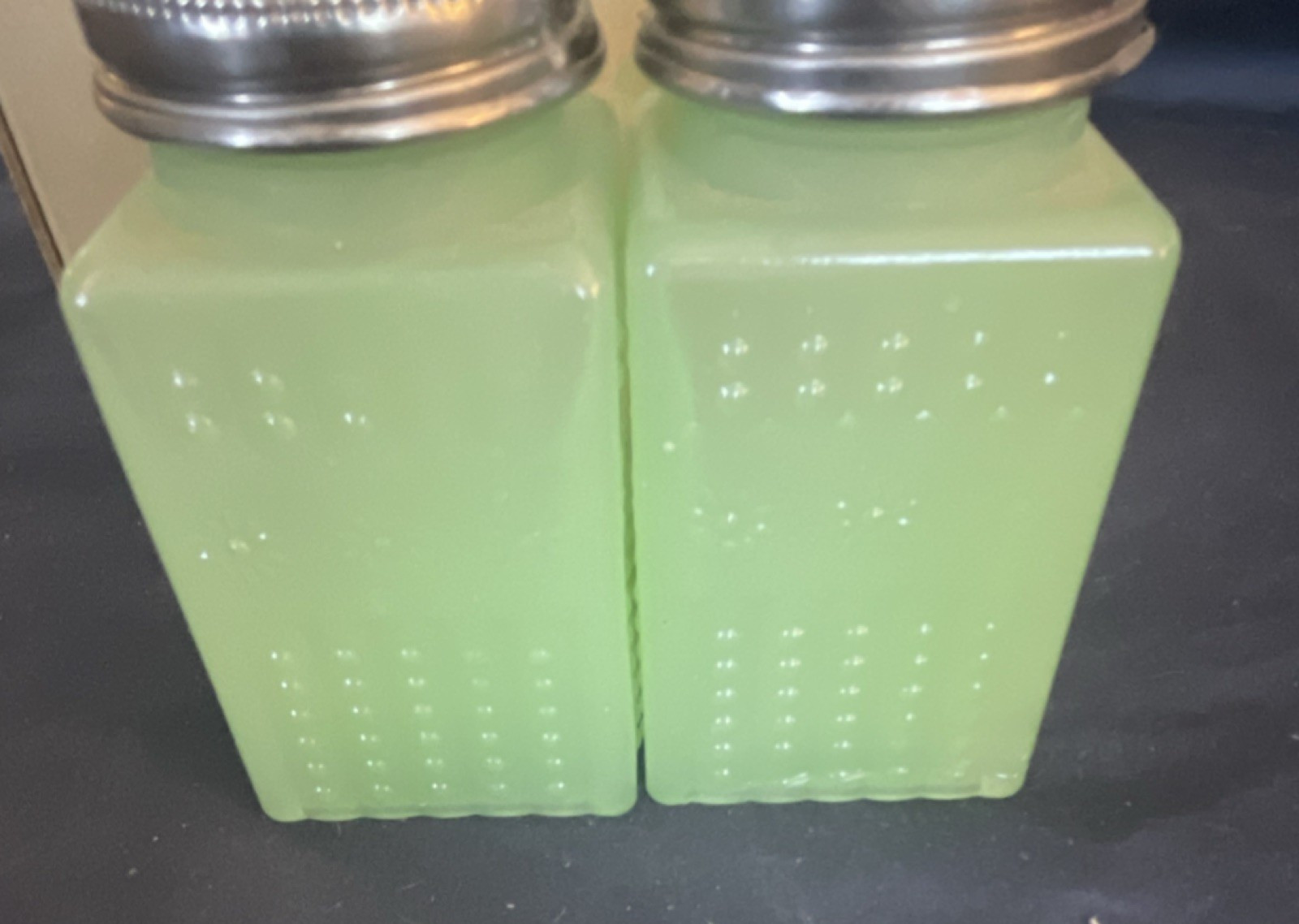 Jadeite Glass Salt & Pepper Shaker Set Green Square Hand Wash Only