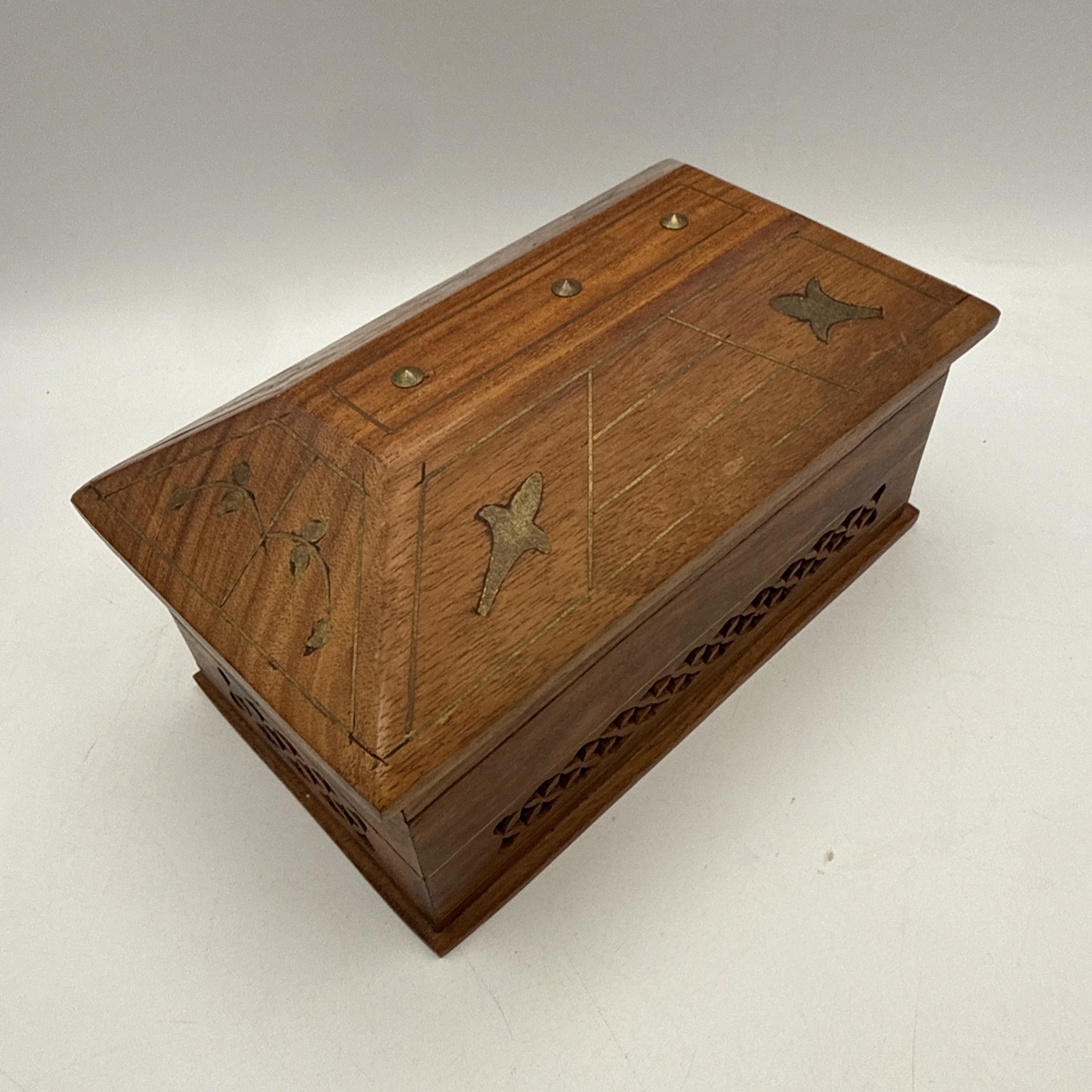 Carved wood trinket box with brass inlay Handcrafts