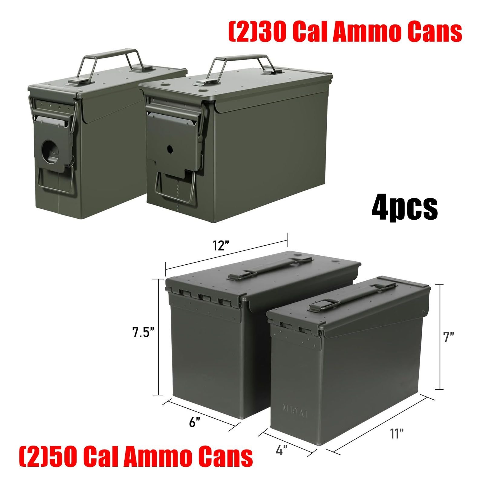 Green Metal Ammo Storage Boxes 4pcs (2)30 Cal Ammo Cans & (2)50 Cal Ammo Cans