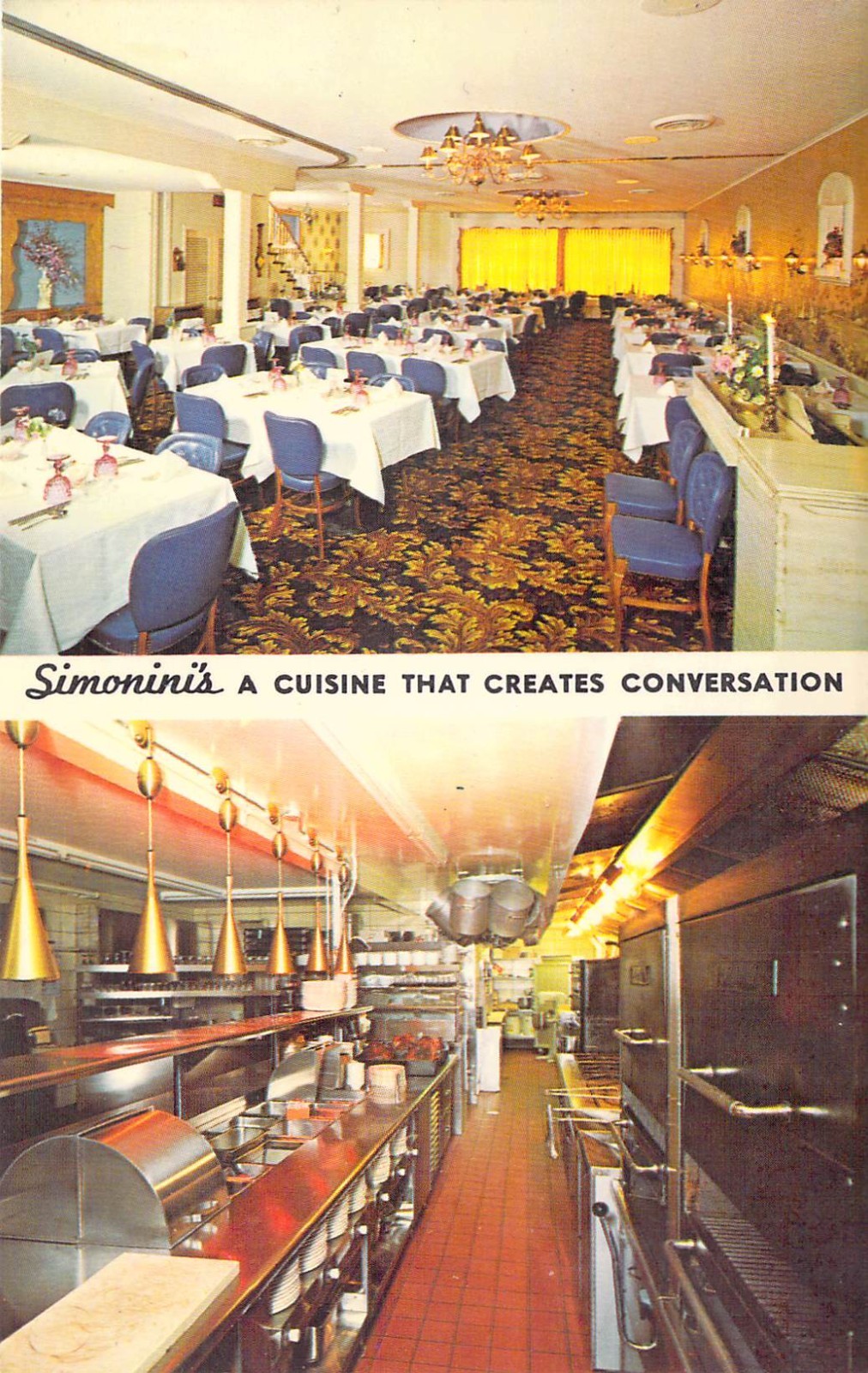 1965 IL Algonquin Simoninis Restaurant Dining room Kitchen area UNP Postcard A15
