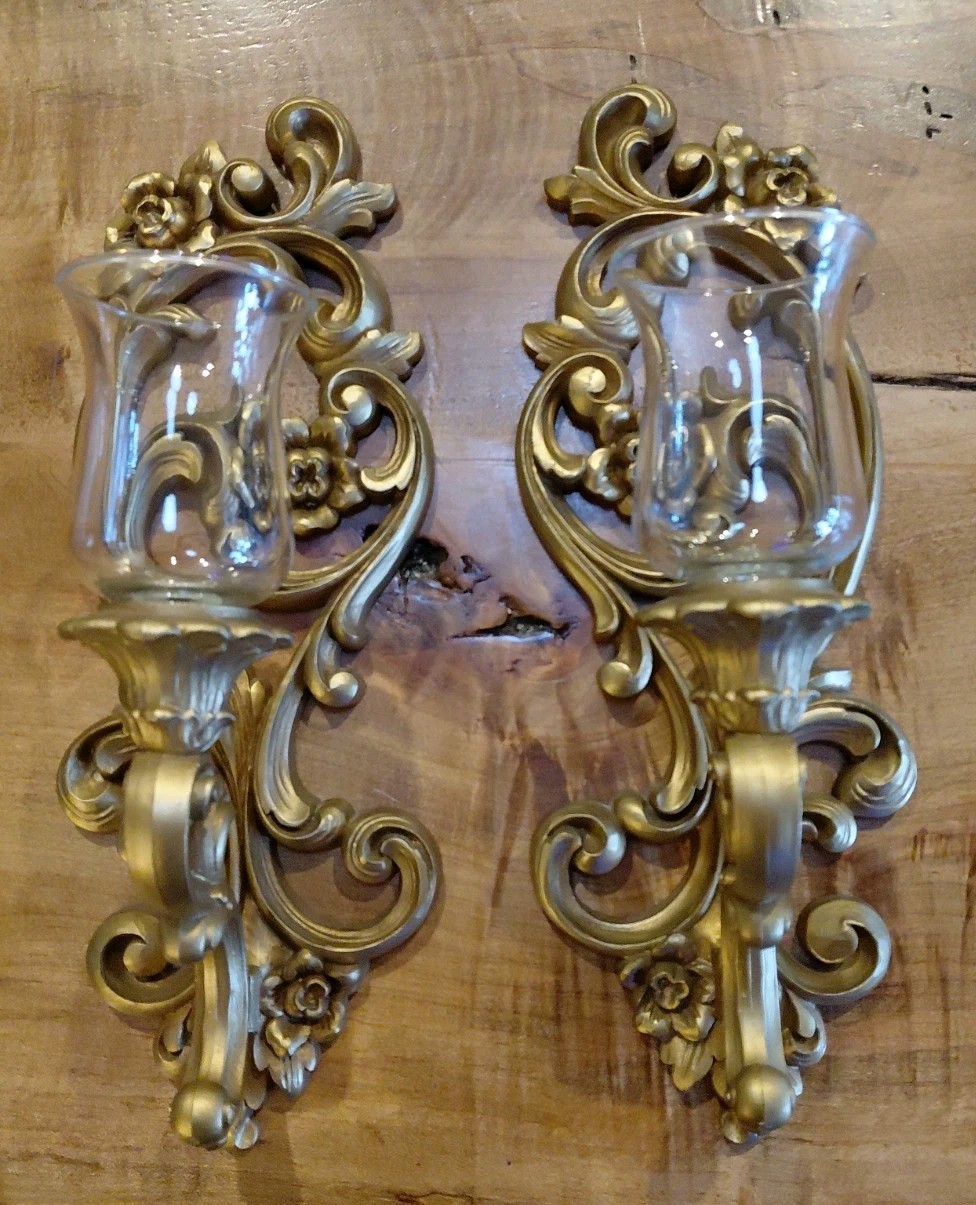 Two Vintage 1971 Homco Ornate Floral Scroll Wall Sconces Candle Holders