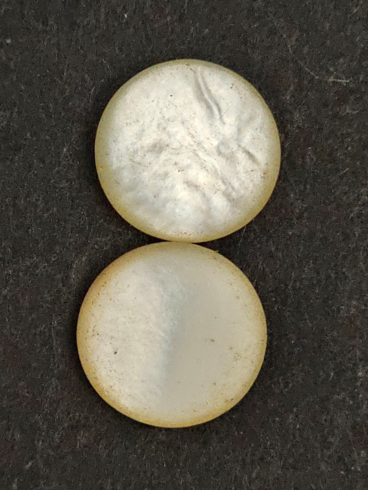Set of 2 Vintage White Shank‑Back Buttons – Approx. 5/8 in – Quarter for Scale –