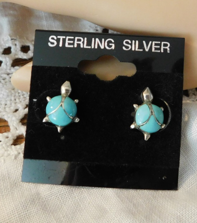 Turquoise Sterling Silver Turtle Clip on Earrings Native American