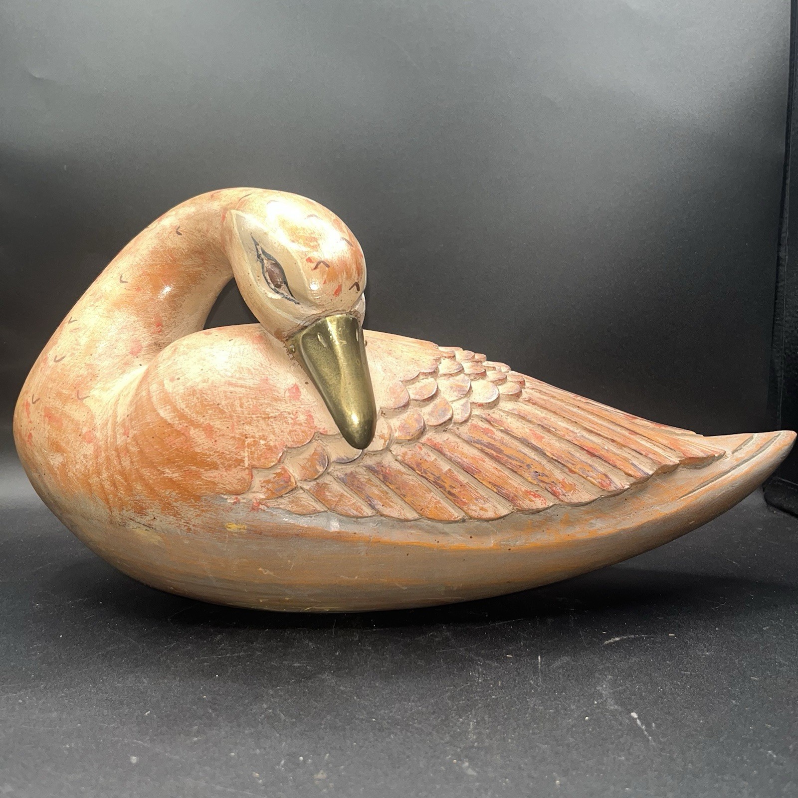 Hand-Crafted Decorative Crafts Inc. Hand Carved Wooden Swan Duck Brass Beak