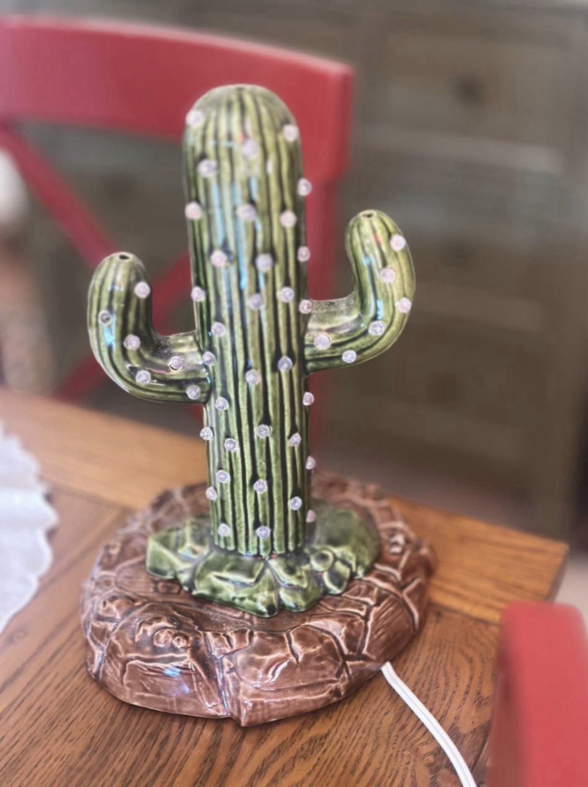 Cactus Accent Table Lamp Green Ceramic Shaded Desert Theme Corded On/Off