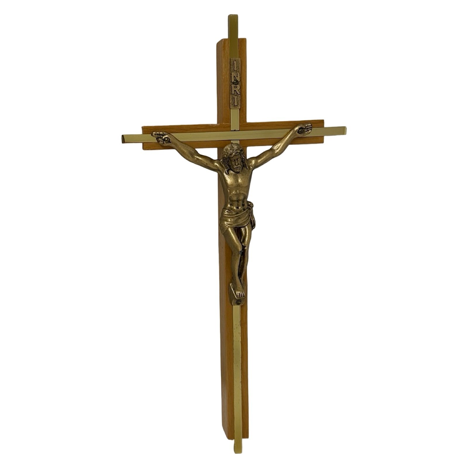 Vintage 1960s MCM Brass Tone Metal Wood Wall Crucifix Cross INRI Catholic 10″
