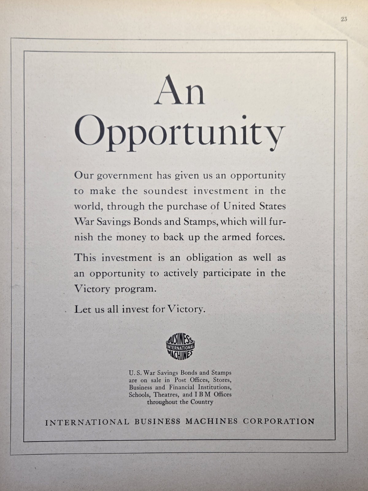 International Business Machines Corp War Bonds and Stamps Vintage Print Ad 1942