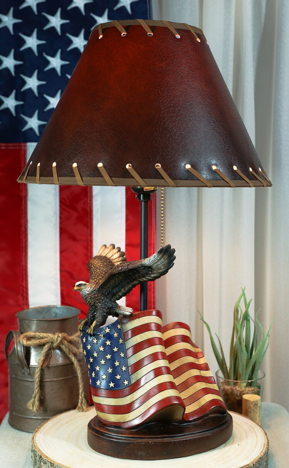 Soaring Bald Eagle With American Flag Memorial Table Lamp Figurine 19″ Tall