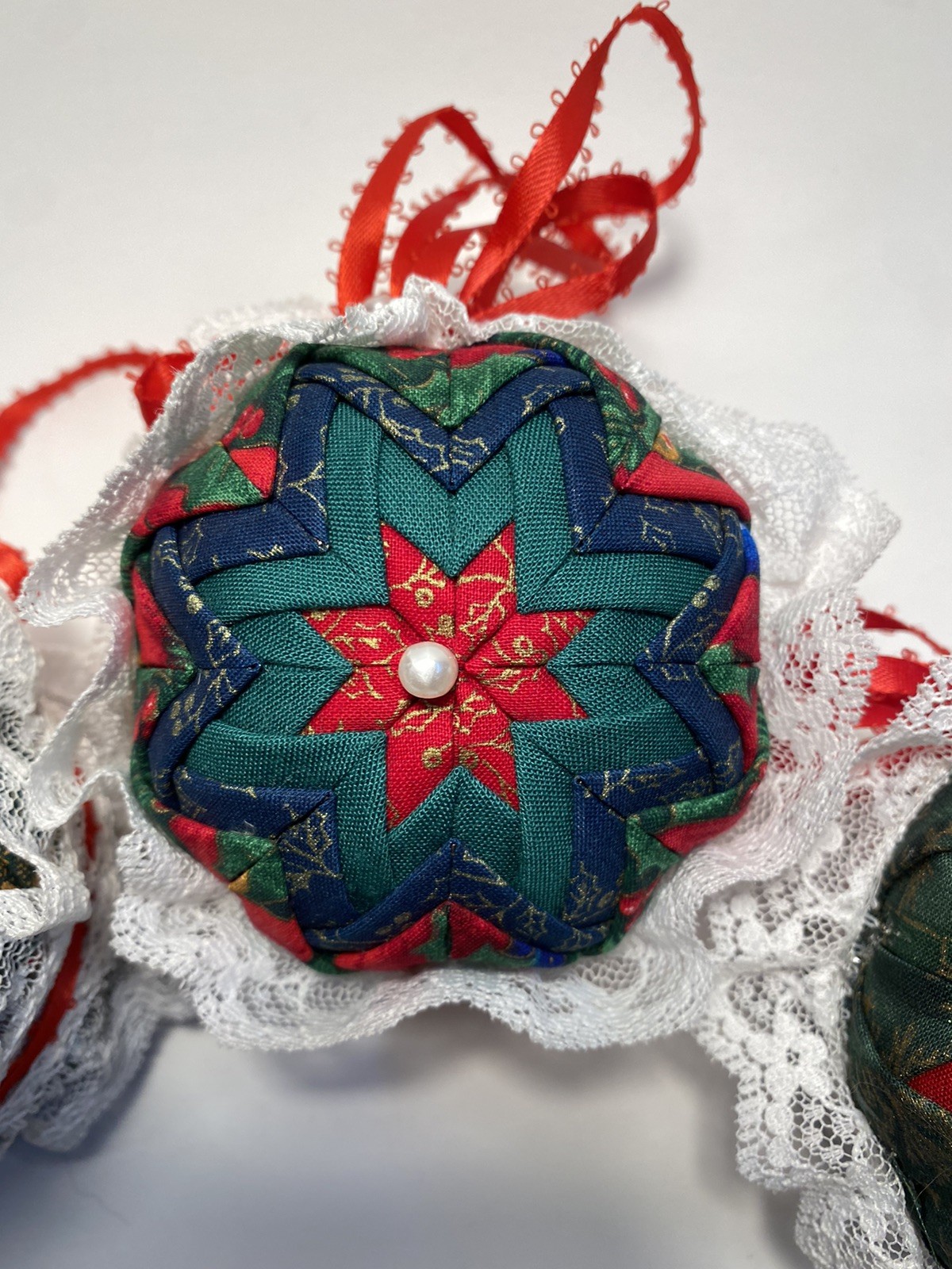 3 Vintage Handmade Folded Star Quilted Patch Red White Christmas Ball Ornament