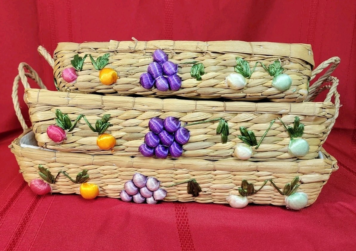 Three Vintage Woven Rectangle Baskets With Raffia Fruit