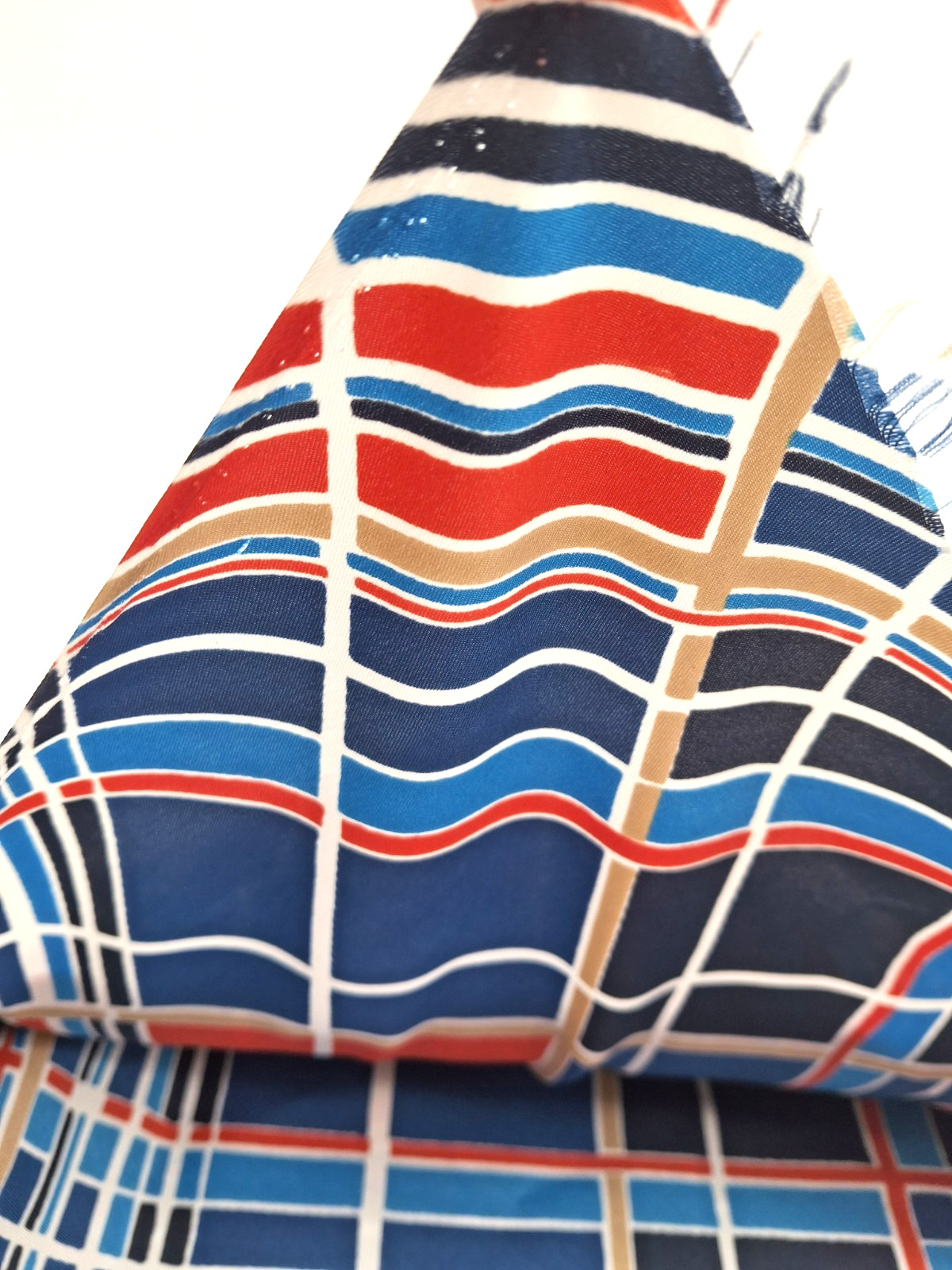 Vintage 60s Satin Fabric 2.5 yds x 45″ Red White Blue Tan Plaid MOD Polyester