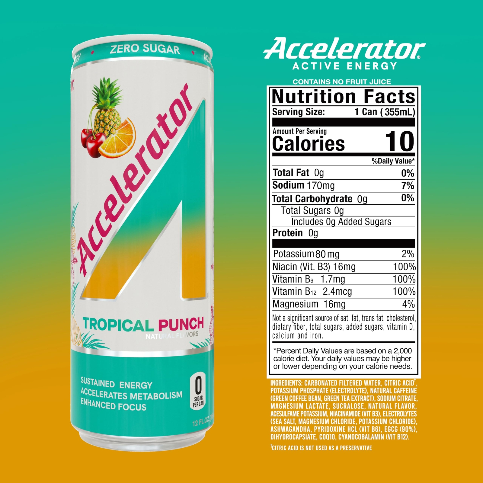 Accelerator Active Energy Drink Tropical Punch 12oz 12 Pack Zero Sugar
