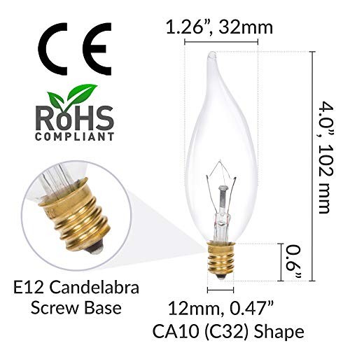 Candelabra Flame Tip Clear CA10 25W E12 Base (12 Pack) Decorative 25.0 Watts