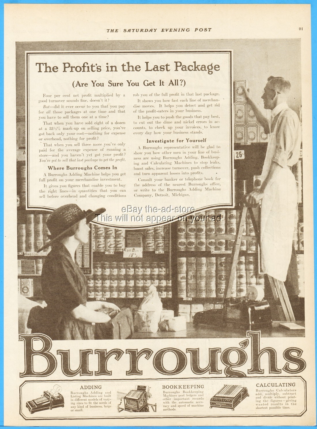 1921 Burroughs Automatic Bookkeeping Machine Grocery Store Grocer 1920s Photo Ad