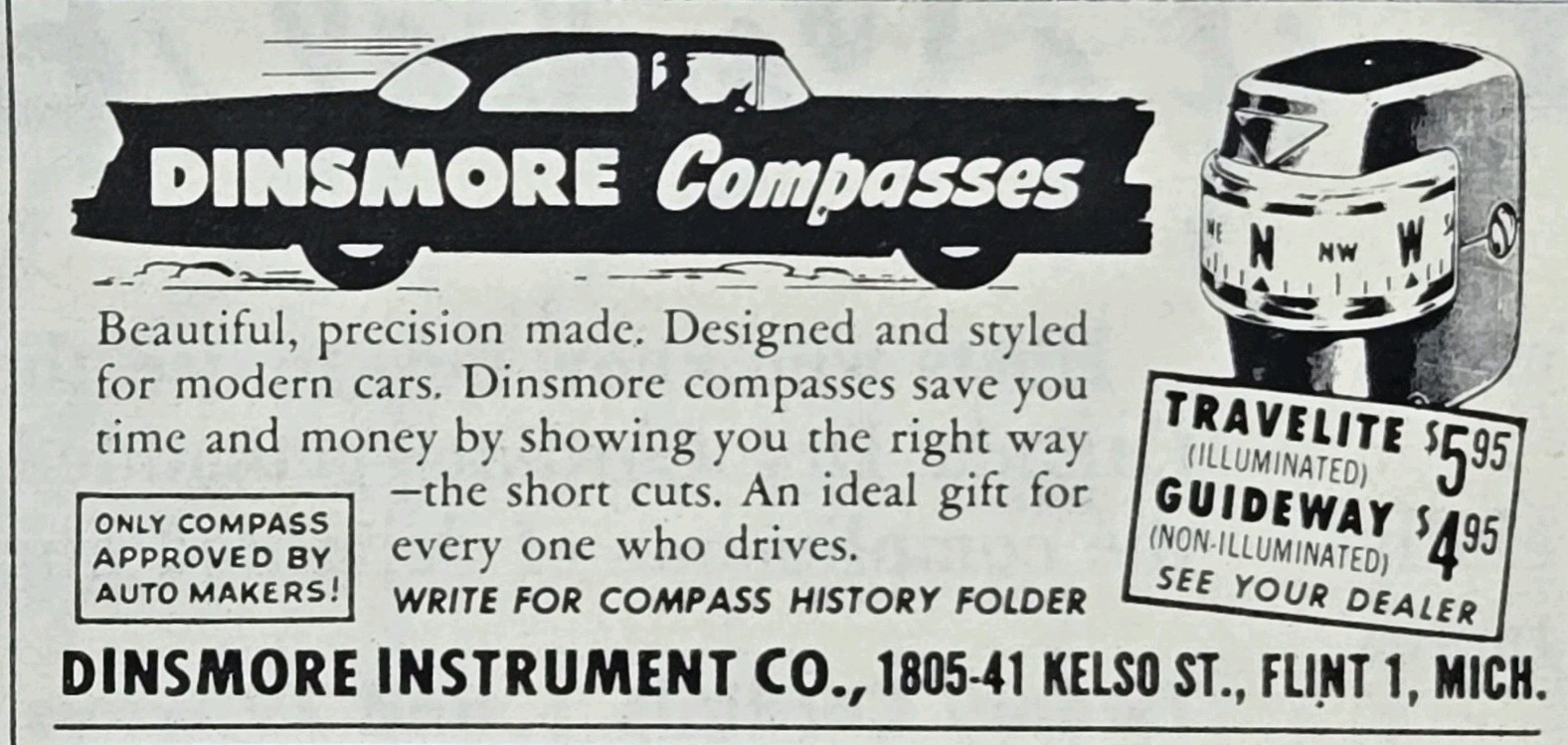Dinsmore Auto Travelite Illuminated Compass Flint MI Vintage Print Ad 1957