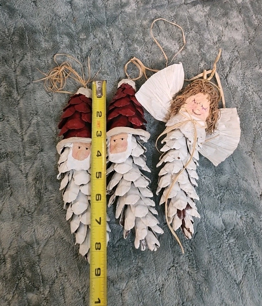 VTG Christmas Pinecone 8″ Tall Ornaments Handmade 2 Santa & 1 Angel Made In USA