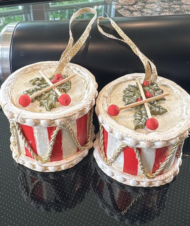Vintage Paper Papier Mache Christmas Ornament Drums Holly Hand made