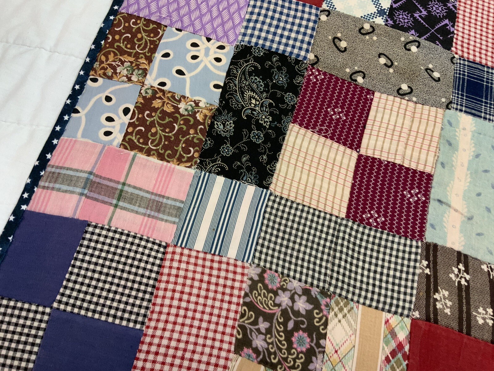Vintage Antique Patchwork Quilt Table Topper, Four Patch, Calico Prints, 1940’s
