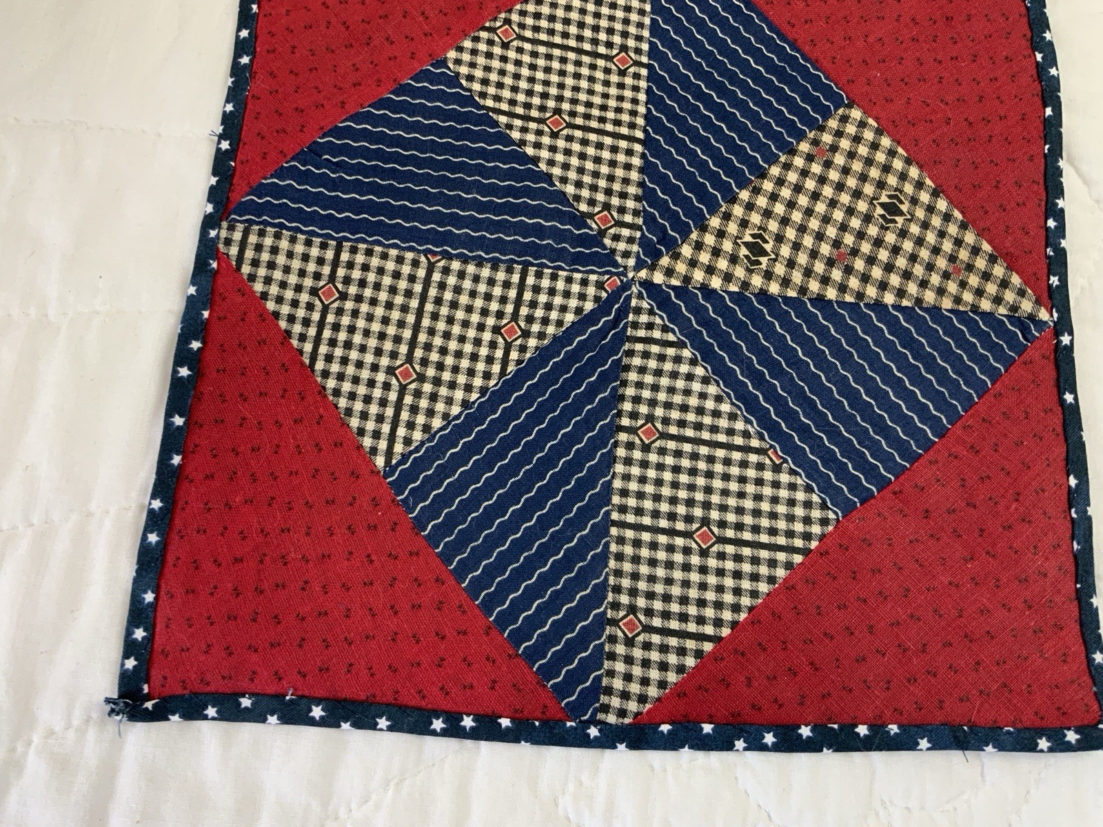 Antique Vintage Patchwork Quilt Table Topper, Pinwheel, Early Calicos, Red, Navy