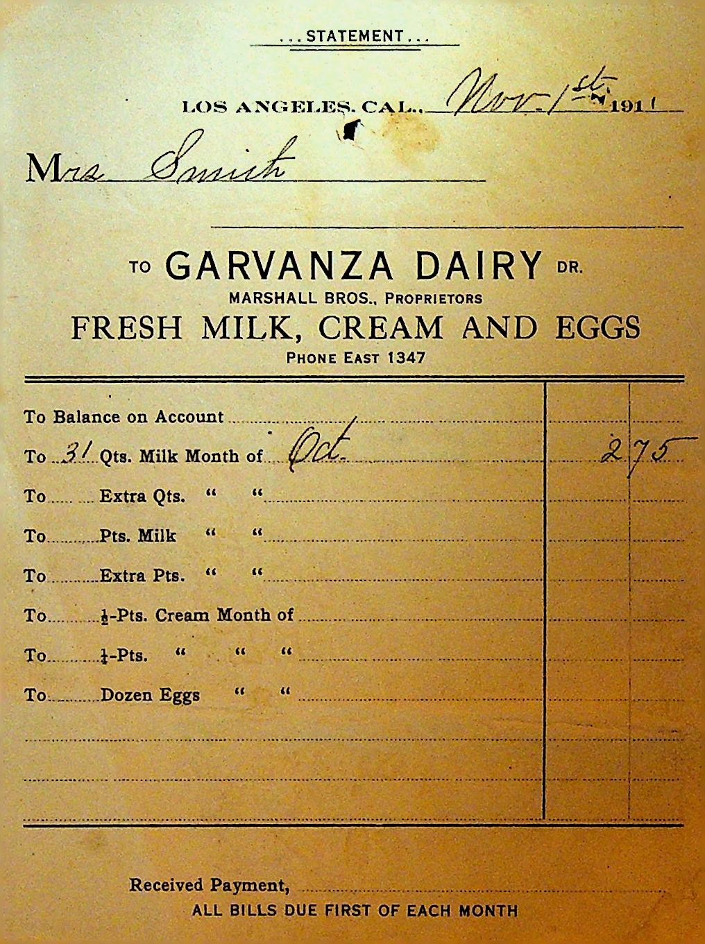 Garvanza Dairy Statement Marshall Bros Los Angeles 1911 Milk Cream Eggs