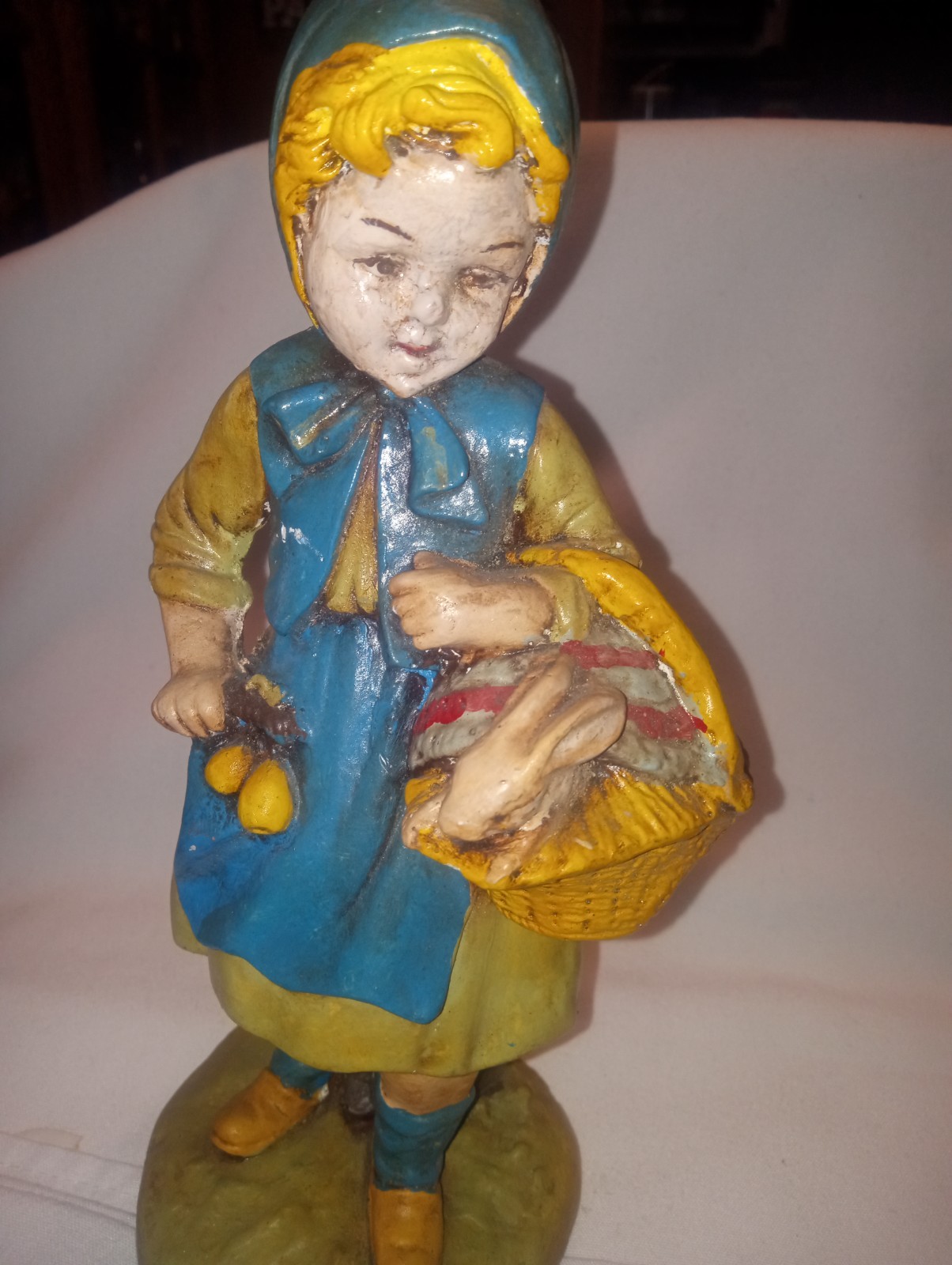 Vintage Continental Studio Chalkware Boy with Apples & Girl with Bunny 9.5″ tall