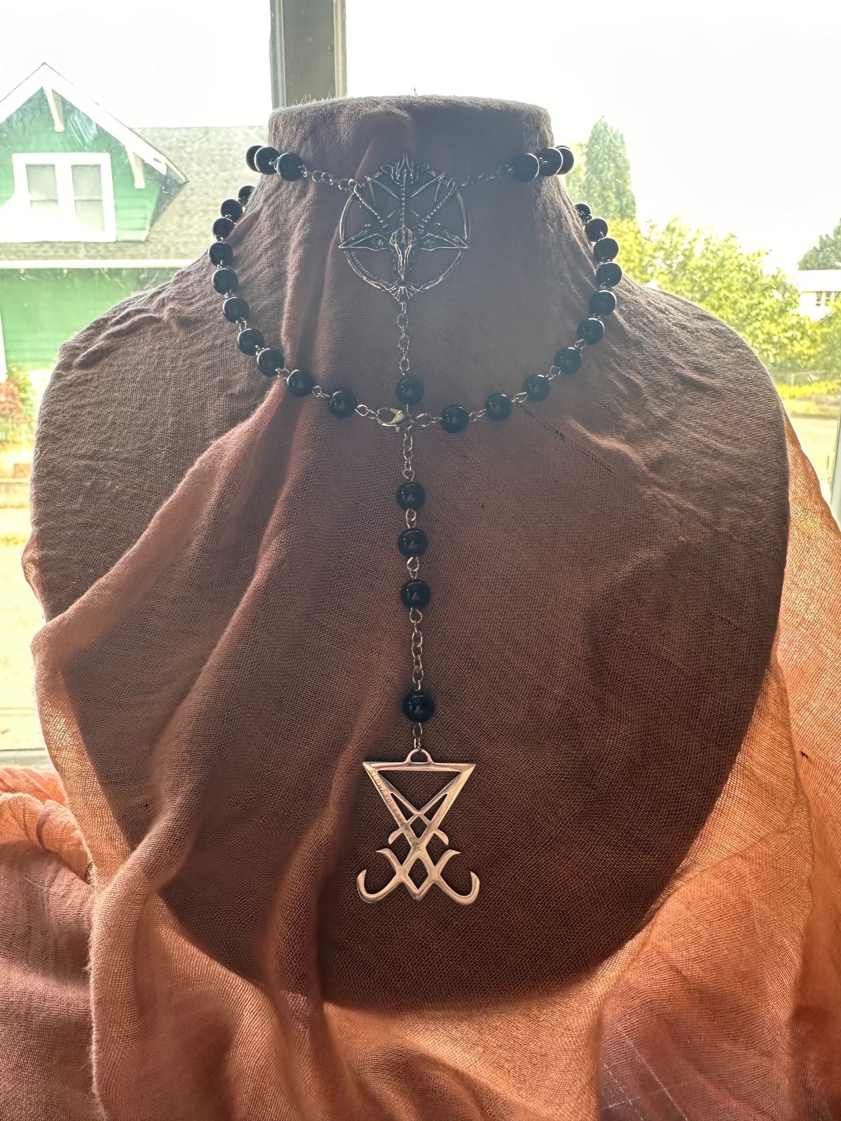 Black and Silver Baphomet Center Rosary w/Luciferian Cross Pendant