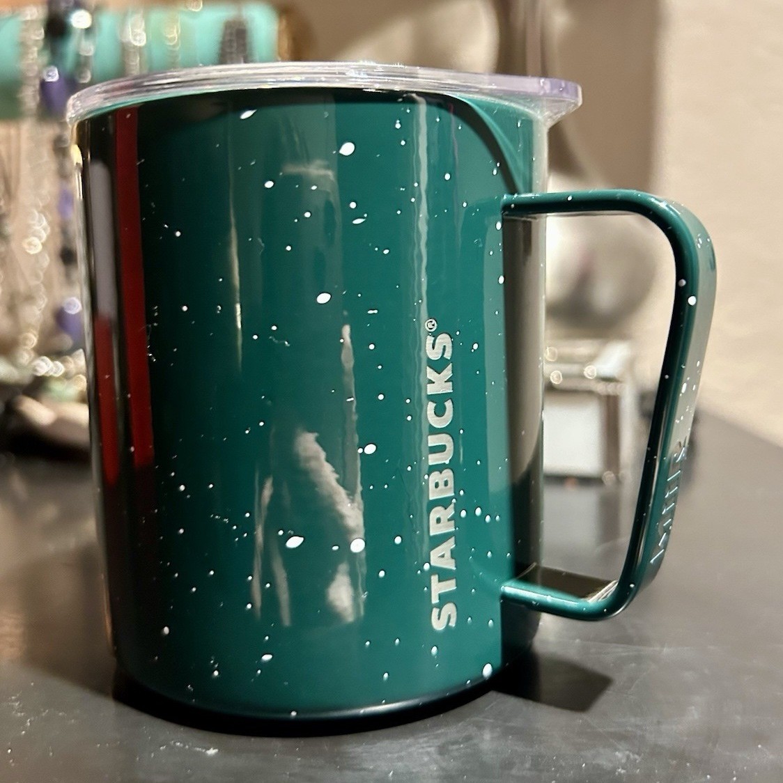 Starbucks Green Speckled Metal Coffee Mug with Drink Through Lid Dishwasher Safe