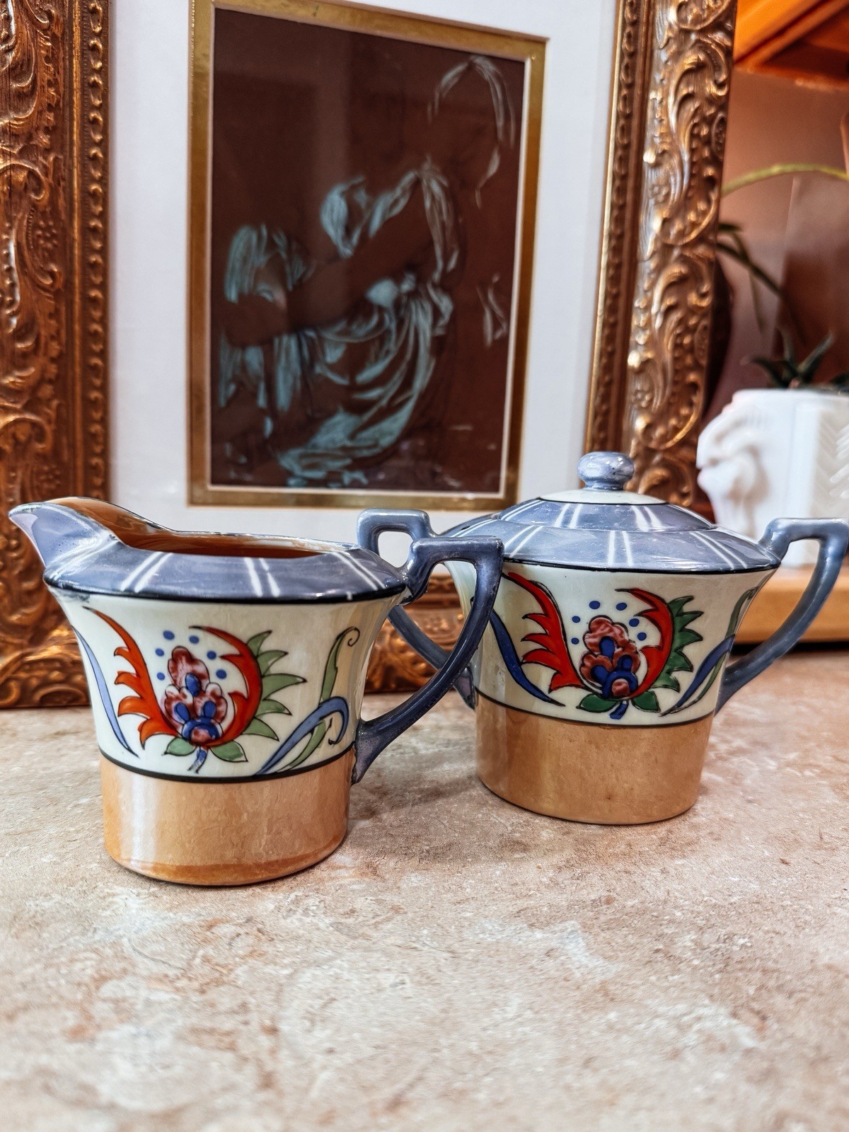Vintage Japanese Lusterware Creamer Sugar Bowl Set Art Deco Japan