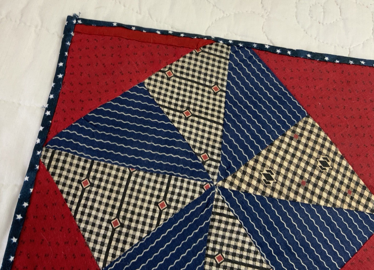 Antique Vintage Patchwork Quilt Table Topper, Pinwheel, Early Calicos, Red, Navy