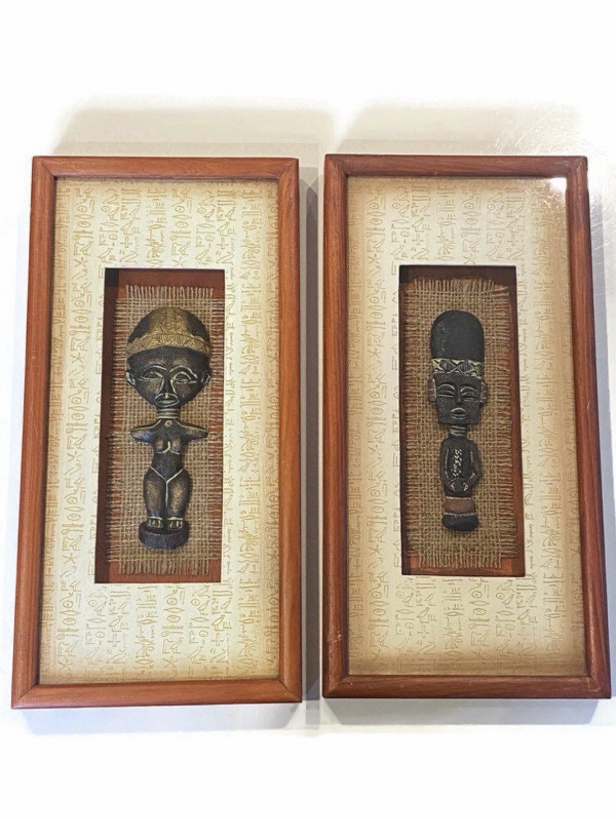 Pair Hand Carved African Men Tribe Shadow Box Frame Set